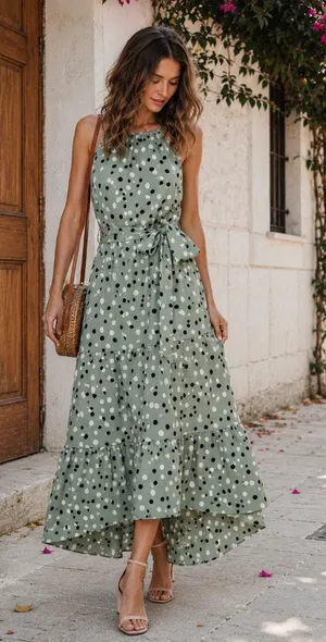 Miss Sparkling Sage Green Polka Dot Tiered Maxi Dress Belted Adjustable Strap thumbnail 1