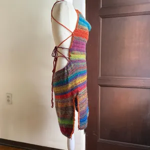 HANDMADE CROCHET Rainbow Stripe Strappy Back Mini Dress Swim Cover up M/L thumbnail 5