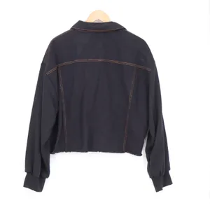 Lush Black Mixed Media Denim Trucker Jacket Raw Hem Contrast Stitch L thumbnail 4