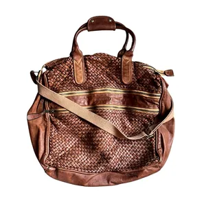 Bruno Magli Brown Woven Leather Duffle Satchel Travel Bag Made Italy Y2K thumbnail 2