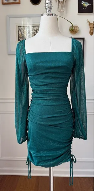 Vintage Y2K Jump Apparel Green Glitter Ruched Long Sleeve Mini Dress XS thumbnail 1