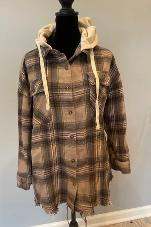 Plaid Hooded Button-Front shirt in Brown tattered look thumbnail 1