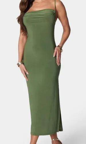 Bebe cowl neck spaghetti maxi strap dress in olive green size L thumbnail 1