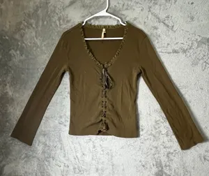 Vintage Y2K Brown Lace Up Long Sleeve Top Ruffle Trim Corset Front Fairy Grunge thumbnail 1
