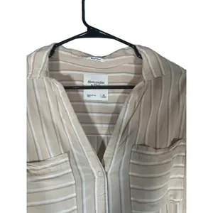 Abercrombie & Fitch Women Beige White Striped Knot Front Button Down Shirt Med thumbnail 8