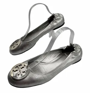 Tory Burch Reva Flats Silver Metallic‎ Leather Logo Medallion Shoes Size 10 Y2K thumbnail 1