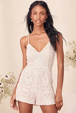 Lulus White Sequin Romper Nude Lining Size L NWT Bridal Party Bachelorette thumbnail 1