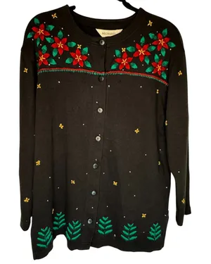 Bechamel Black Knit Button Christmas Cardigan Womens Small Poinsettia VTG FLAW‎ thumbnail 1
