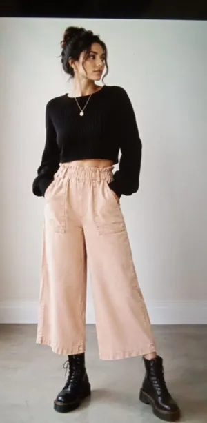 YFB paperbag Waist Wide Leg Cropped Pants Tensel Coastal Summer Womens L thumbnail 1