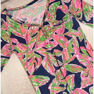 Lilly Pulitzer Palmetto V-Neck Pima Cotton Dress Pink Green Tropical Leaf XL thumbnail 4