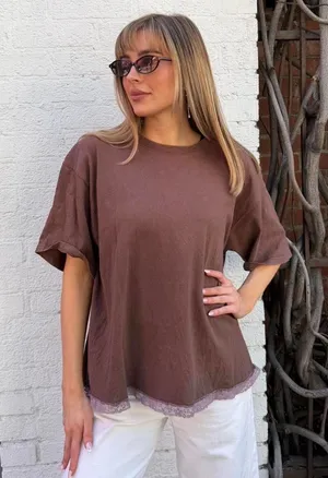 Free People Y2k vintage brown lace trim oversized tee Size L thumbnail 1