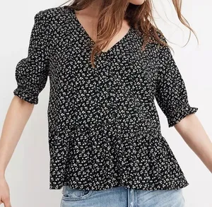 Madewell Black Floral V-Neck Peplum Top thumbnail 1