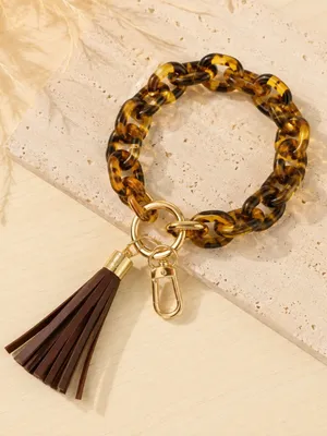 Tortoise Shell Acrylic Key Ring Bracelet Wristlet Tassel Brown Gold NWT thumbnail 1