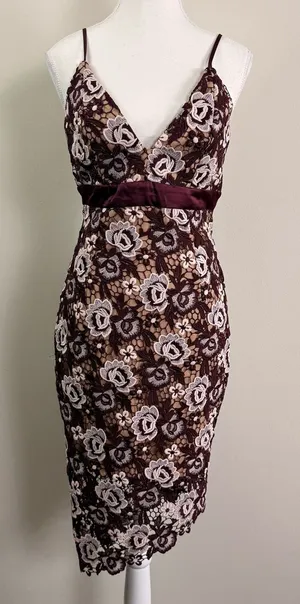 Bardot Floral Lace Midi Dress Burgundy Cream V-Neck Asymmetrical Hem Size US 6 thumbnail 1