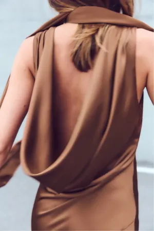 Zara maxi halter scarf satin plunge neck Brown Evening Wedding thumbnail 6