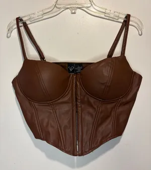 Windsor Dark Brown Faux Leather Crop Corset Tank Front Clasp Closure Size L thumbnail 1