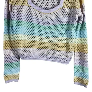 Pink Lily Pastel Striped Crochet Scoop Neck Sweater Multicolor Colorful Size XL thumbnail 4