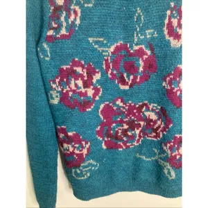 Garnet Hill Intarsia Sweater Teal Magenta Roses Wool Blend Small thumbnail 3