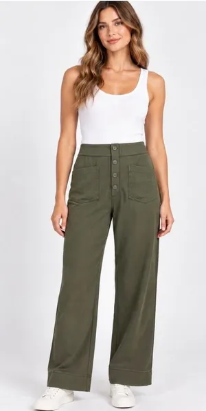 Halara Olive Green Wide Leg Pull On Dress Pants Large Patch Pockets Casual SOFT thumbnail 1