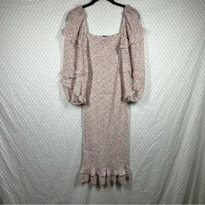 Petal + Pup Orange White‎ Smocked Puff Sleeve Midi Dress thumbnail 6