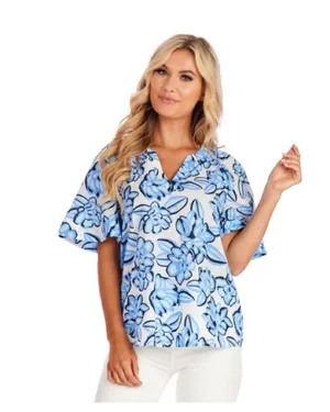 NWT Mud Pie Anderson Top Cotton Boxy Blouse Blue White Floral Size Small thumbnail 1