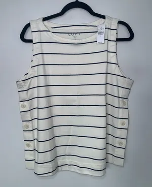 NWT 100% Cotton Loft Striped Tank Top Size L White Blue Side Button Sleeveless thumbnail 1