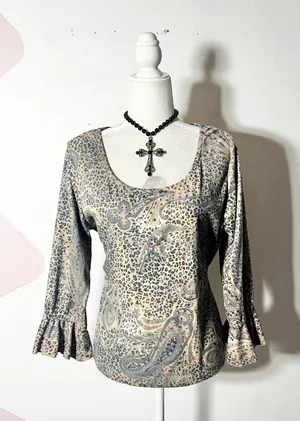 Vtg Y2k 2000s Paisley Top Large Brown Leopard Ruffle Bell Sleeve Goth thumbnail 1