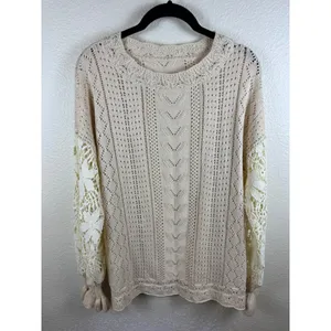 Lace Crochet Long Sleeve Hollow Out Knit‎ Sweater Pullover Top Pointelle L Boho thumbnail 2