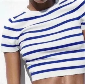 Zara white and blue striped cropped baby tshirt size M thumbnail 1