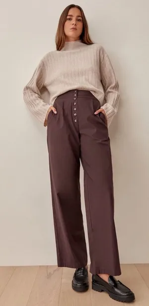 Reformation Brown Rox Button Front Wide Leg Trouser Pants Womens Size 12‎ thumbnail 1