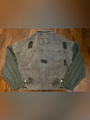 POL Washed Charcoal Black Distressed Denim Jacket with Dark Knit Sleeves Large thumbnail 5