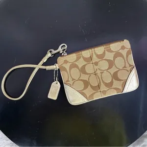Coach Signature‎ Canvas Leather Wristlet Bag Beige Gold thumbnail 2