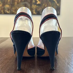Casadei Vintage Navy Silk Slingback Heels Pink Leather Piping Women’s Size 9 thumbnail 4