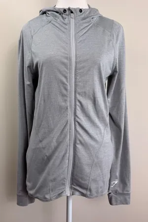 Gymshark Womens Grey Marl‎ Full Zip Training Hoodie Thumbholes GLTT4463 Large thumbnail 1