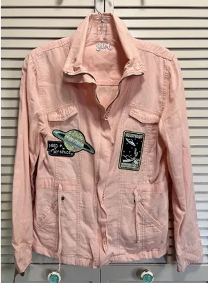Utility Jacket Womens Peach Size Medium Pockets Tie‎ Waist Patches Embroidered thumbnail 1