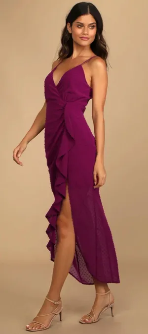 Lulu's For Us to Dance Magenta Swiss Dot Ruffled Midi Dress Size S NWT thumbnail 1