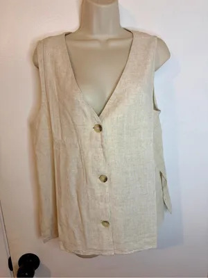 Zenana Linen Vest Button Down Beige Top Size M NWOT Lightweight thumbnail 2