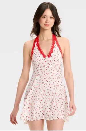 Women’s Red Chili Pepper Halter Mini Dress – Lace Trim Size Small thumbnail 1