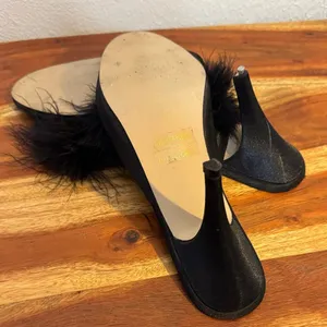 Vintage Y2K Frederick's of Hollywood Black Marabou Feather Satin Peep Toe Heel thumbnail 10