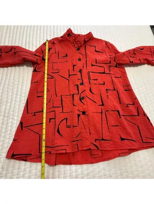 Ali Miles Coral Red Button Up Tunic Shirt Top Sz L Large Wire Collar Lagenlook thumbnail 2