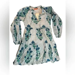 💃🏻Oliphant Blue Floral Balloon Sleeve Dress XS NWT Striped Boho‎ Resort Mini👗 thumbnail 3
