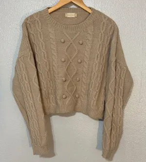 Altar'd State Beige Cropped Cable Knit Chunky Bobble Sweater Cozy Preppy Pom M thumbnail 1