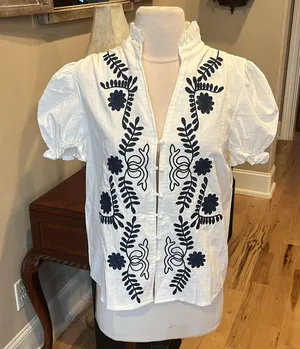 Embroidered Cotton Off White Ruffle Neck Short Sleeve Blouse New thumbnail 1