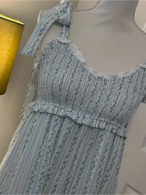 Ivory & Blue Floral Striped Smocked Tie-Shoulder Maxi Dress | Size Large thumbnail 2