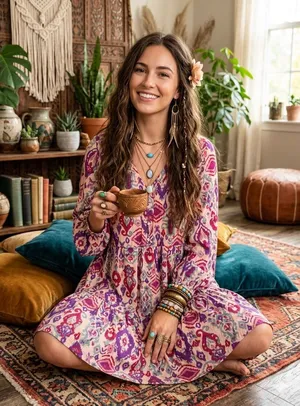 Beach Lunch Lounge Boho Ikat Tiered Mini Dress Pink Purple XS thumbnail 1