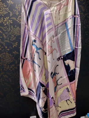 Vintage Silky Horse-Print Scarf in Pastel Pink and Lavender thumbnail 2