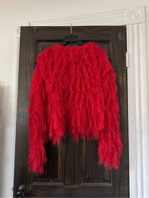 Bold Red Faux-Fur Shaggy Cardigan Sweater thumbnail 4