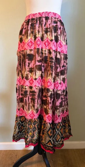 she's cool Whimsigoth retro pink Brown boho Tiered Crinkle Midimaxi Skirt y2k colorful nwt thumbnail 1