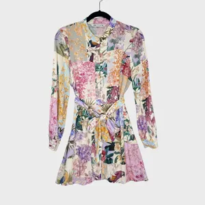 ZARA Dress Purple Mini Floral Patchwork Linen Shirtdress Waist Tie Boho Medium thumbnail 2