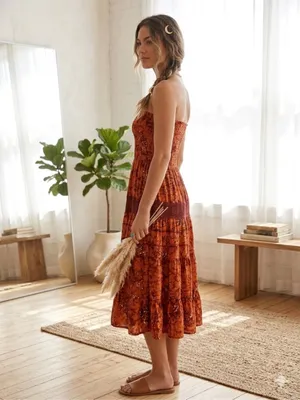 S'Cool Boho Batik Strapless Smocked Maxi Dress Rust Orange Cotton Tiered thumbnail 2